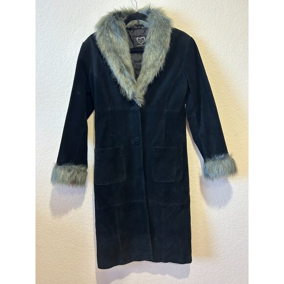 Vintage XOXO Y2K Suede Leather Penny Lane Coat Jacket Sz M Black Boho Long NWOT - Picture 1 of 14